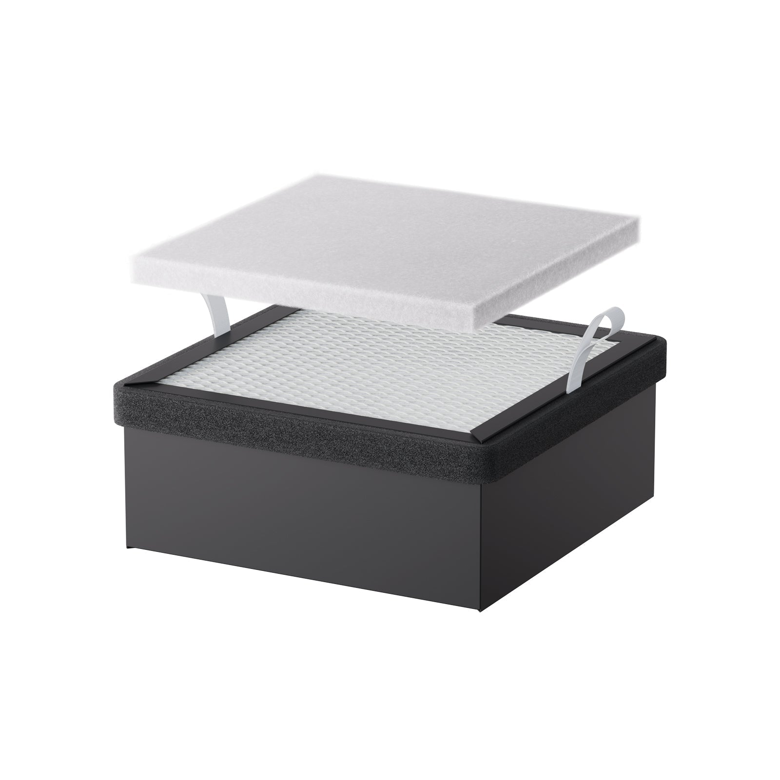 A black rectangular box with a mesh surface and two white pull tabs, topped with a removable high-efficiency filter panel, designed as the Replacement Filter for Falcon A1 Air Purifier by Creality Falcon. The background is plain white. A black rectangular box with a mesh surface and two white pull tabs, topped with a removable high-efficiency filter panel, designed as the Replacement Filter for Falcon A1 Air Purifier by Creality Falcon. The background is plain white.