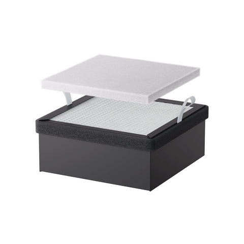 A black rectangular box with a mesh surface and two white pull tabs, topped with a removable high-efficiency filter panel, designed as the Replacement Filter for Falcon A1 Air Purifier by Creality Falcon. The background is plain white. A black rectangular box with a mesh surface and two white pull tabs, topped with a removable high-efficiency filter panel, designed as the Replacement Filter for Falcon A1 Air Purifier by Creality Falcon. The background is plain white.