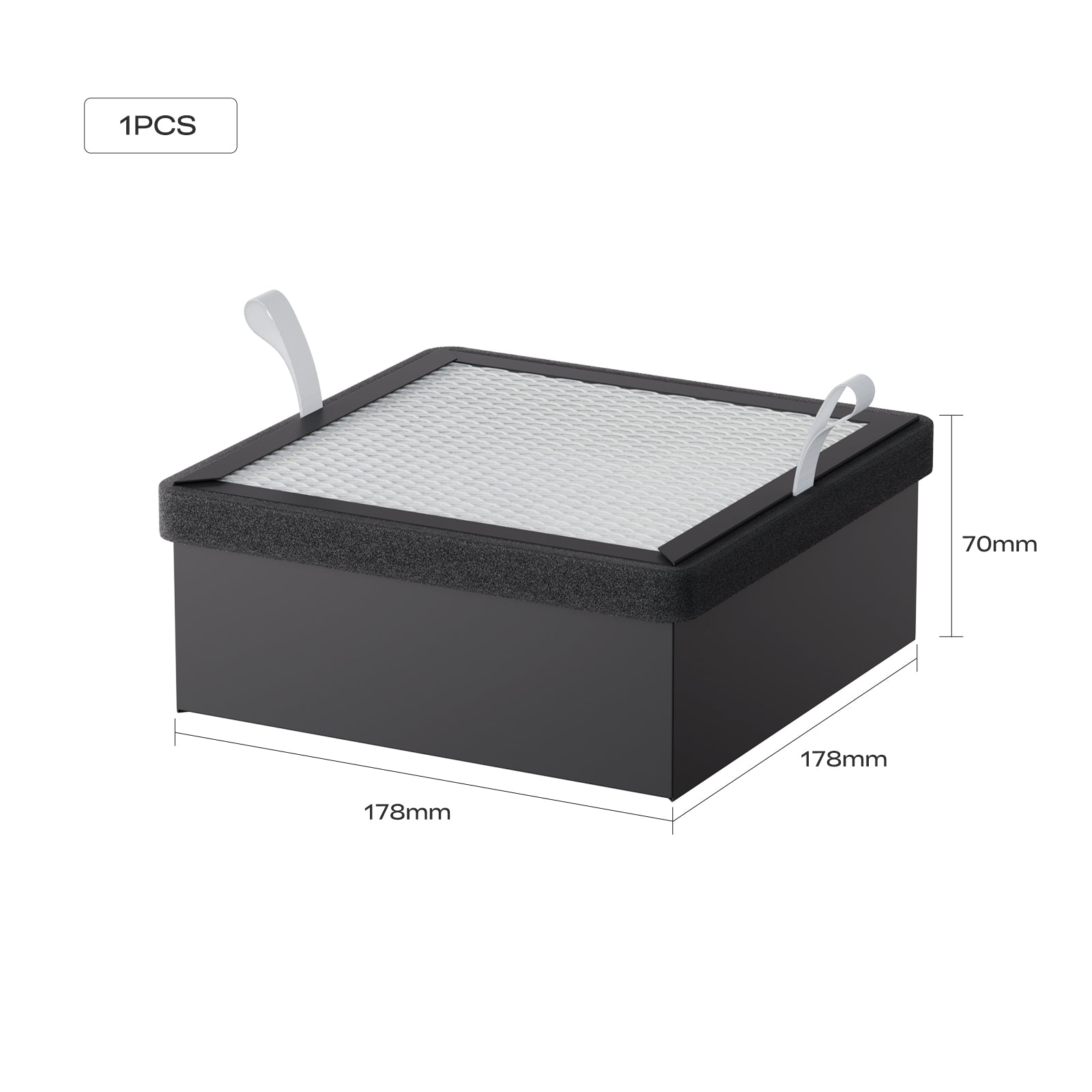 A black rectangular Replacement Filter (178mm x 178mm x 70mm) with white mesh top, two pull tabs, and "1PCS" label. Compatible with Creality Falcon A1 Air Purifier. Brand: Creality Falcon. A black rectangular Replacement Filter (178mm x 178mm x 70mm) with white mesh top, two pull tabs, and "1PCS" label. Compatible with Creality Falcon A1 Air Purifier. Brand: Creality Falcon.