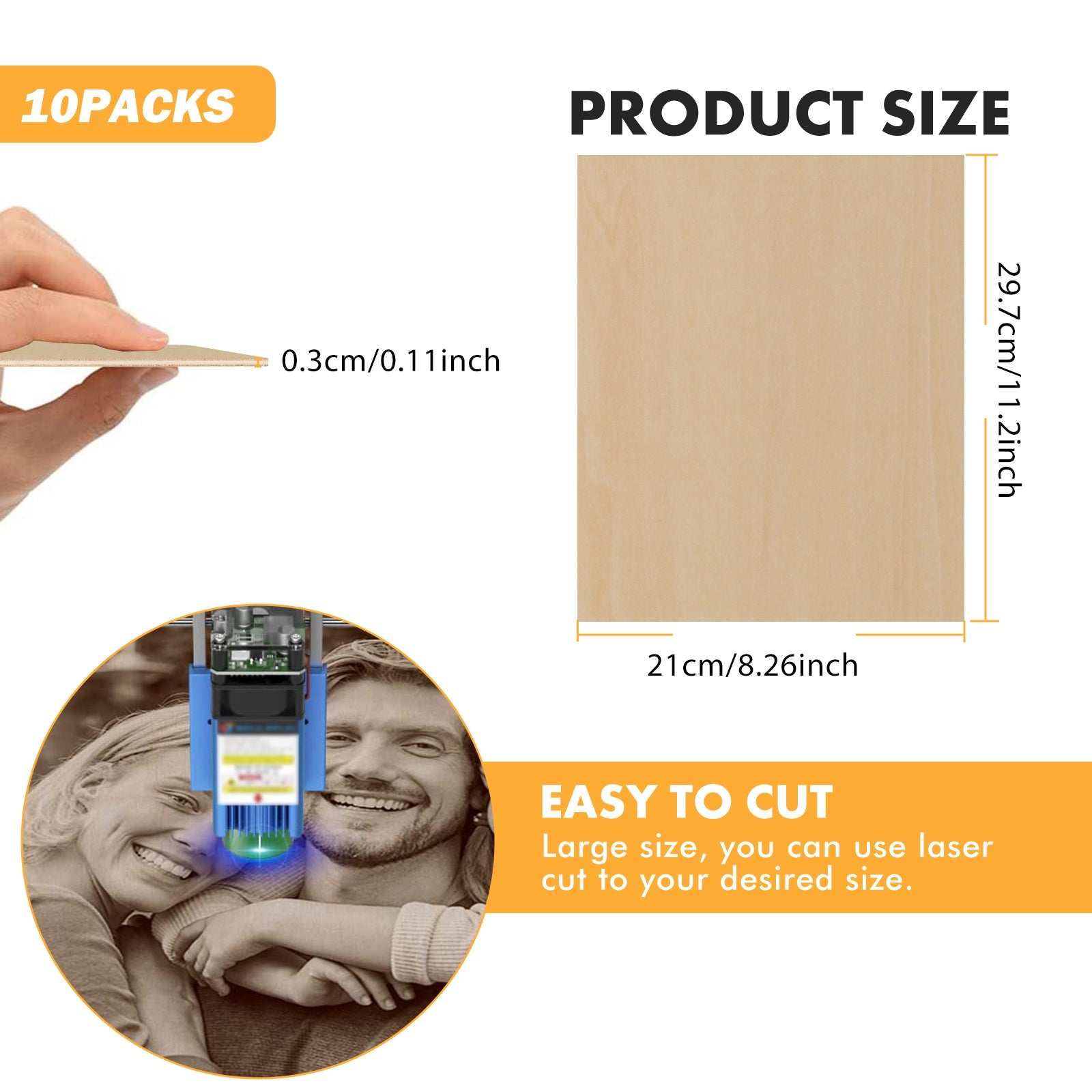 Thickness Basswood Plywood 8.27x11.7x0.12" for Laser Engraving - Pack of 10pcs Thickness Basswood Plywood 8.27x11.7x0.12" for Laser Engraving - Pack of 10pcs