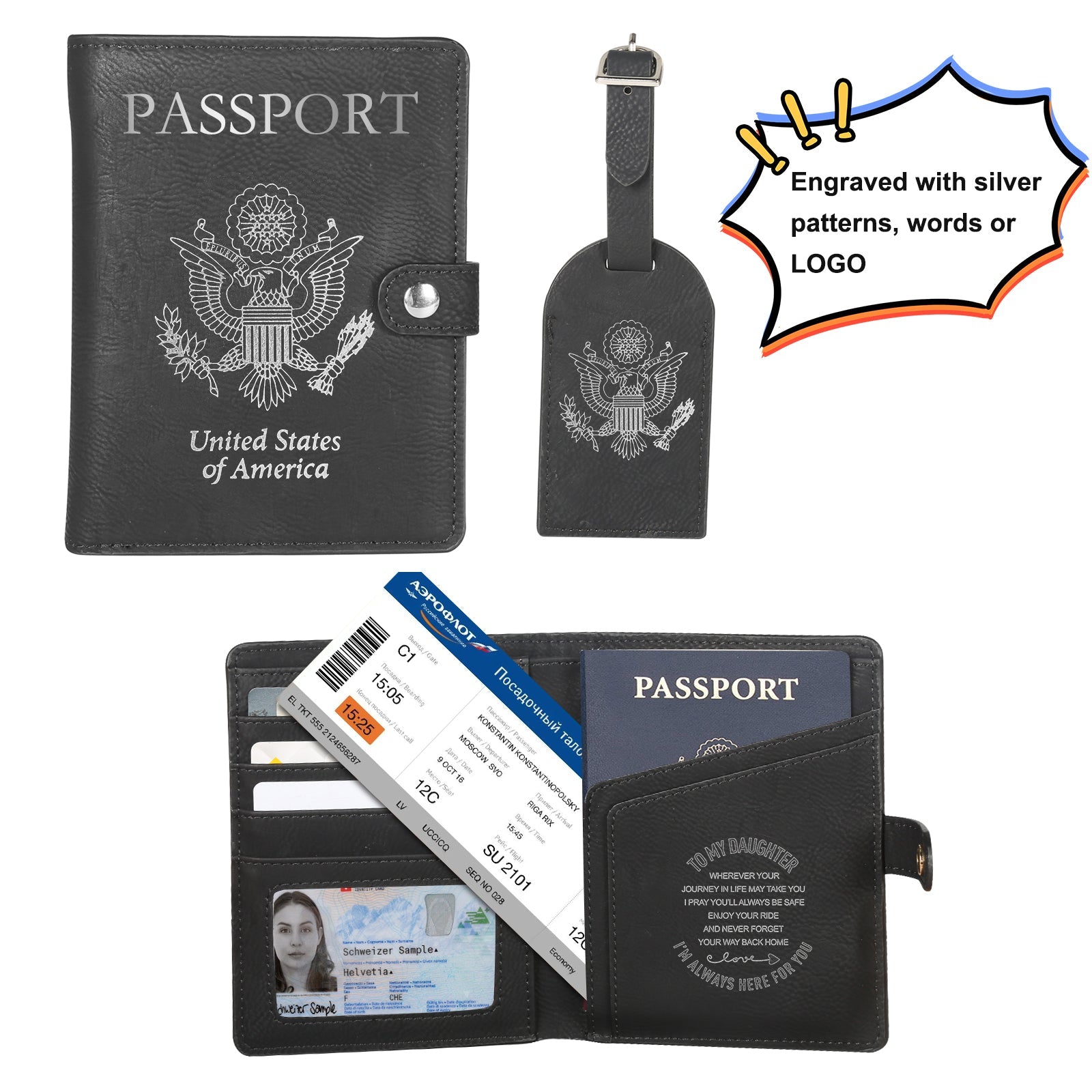 Ensemble personnalisé de porte-passeport en cuir et étiquette de bagage pour gravure au laser Ensemble personnalisé de porte-passeport en cuir et étiquette de bagage pour gravure au laser
