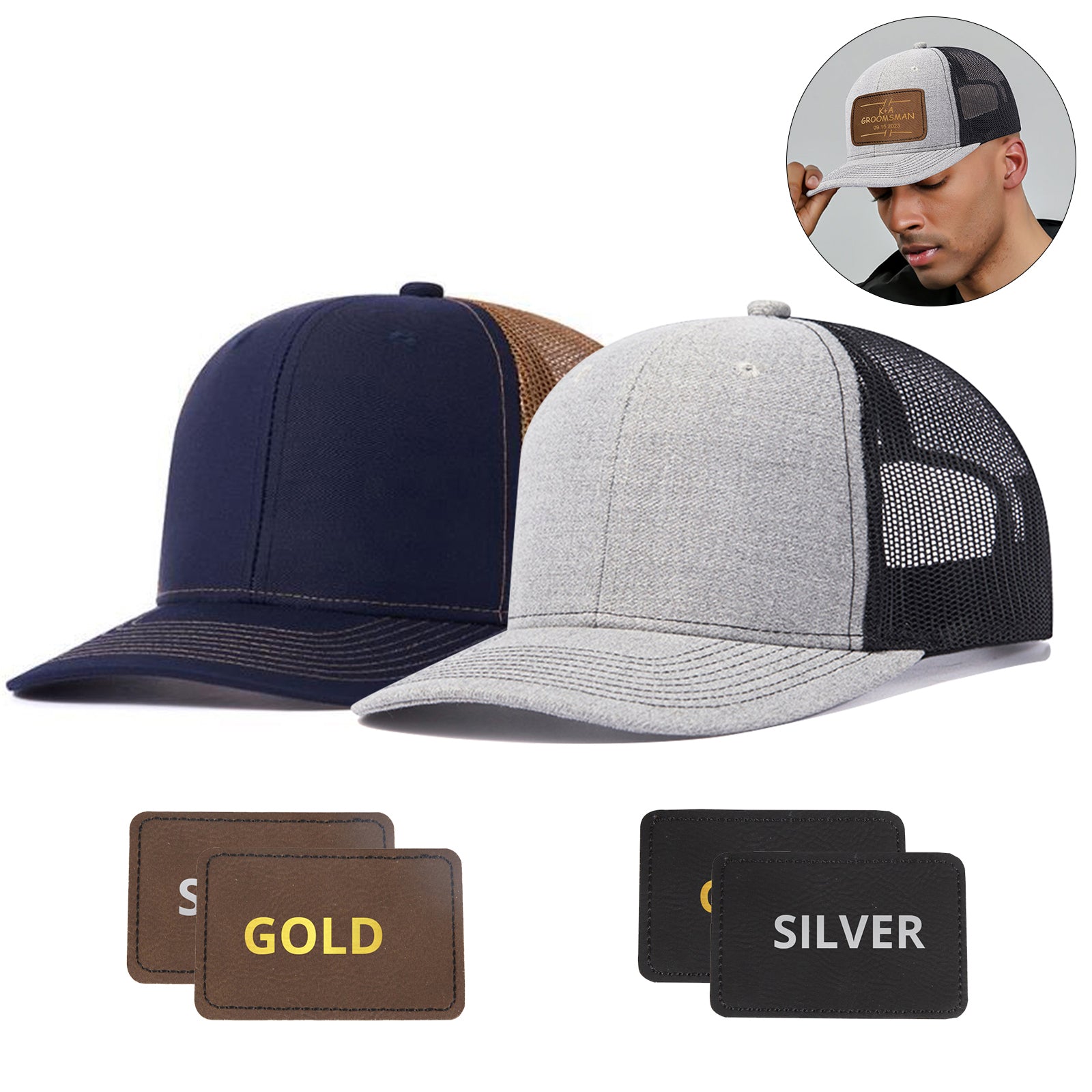 2 pcs Adjustable Mesh Trucker Hat with 4pcs Cap Stickers + 3pcs Wood Sheets for Engraving 2 pcs Adjustable Mesh Trucker Hat with 4pcs Cap Stickers + 3pcs Wood Sheets for Engraving