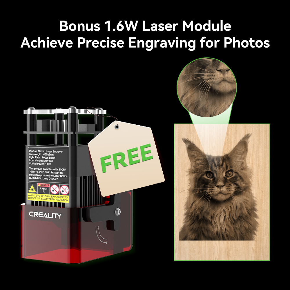 Promotional image showcasing a CrealityFalcon Creality Falcon2 Pro 60W Enclosed Laser Cutter and Engraver alongside a tag reading "FREE" and a laser module. The image highlights precise photo engraving with an example of a detailed cat portrait being laser-engraved onto wood. Text reads: "Bonus 1.6W Laser Module Achieve Precise Engraving for Photos.