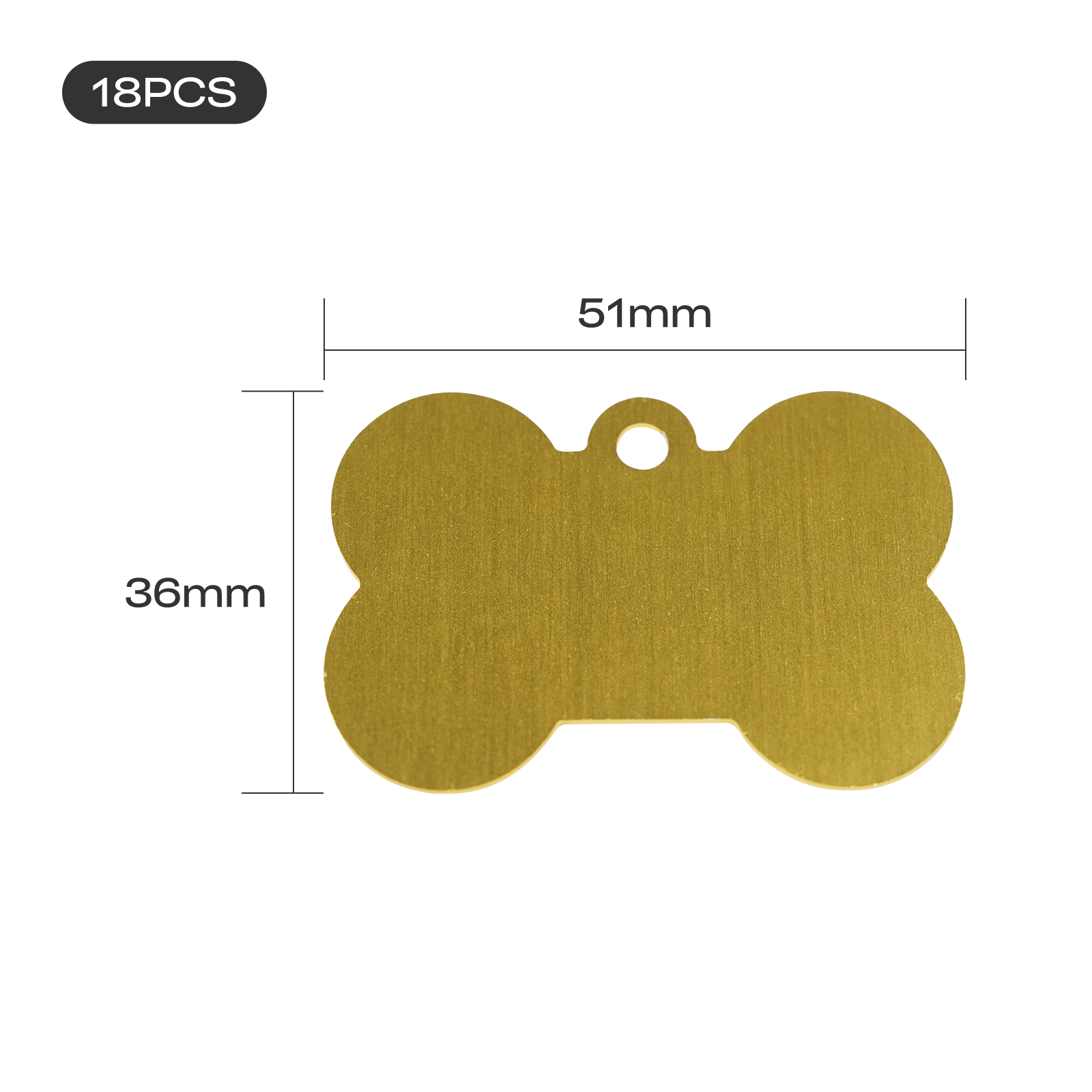 The Creality Falcon Large Multicolor Anodized Aluminum Dog Tag features a gold bone shape, a small top hole, and measures 51mm x 36mm. A "18PCS" label appears in the corner.