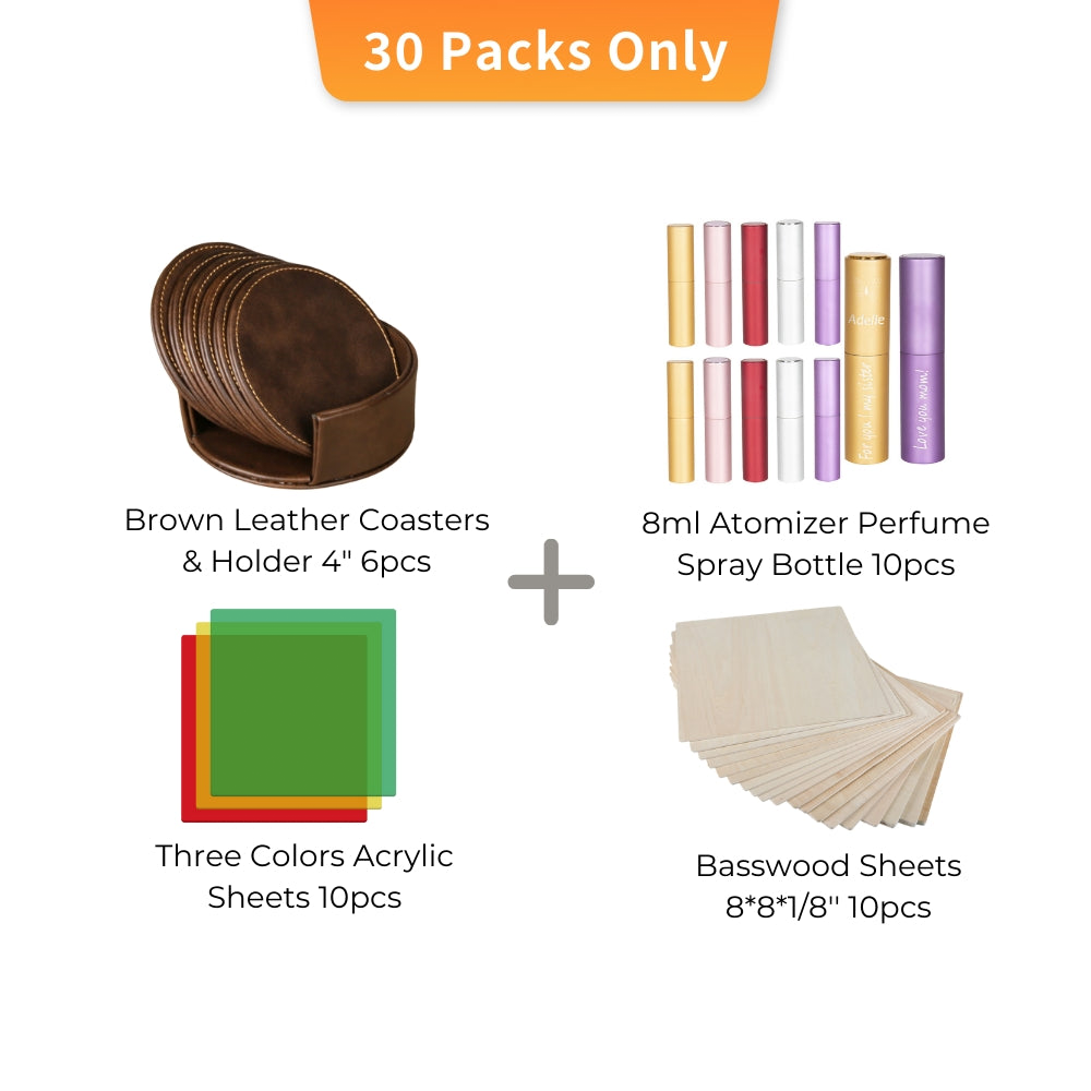 Complete Crafting Bundle: Leather Coasters, Perfume Spray Bottles, Acrylic & Basswood Sheets