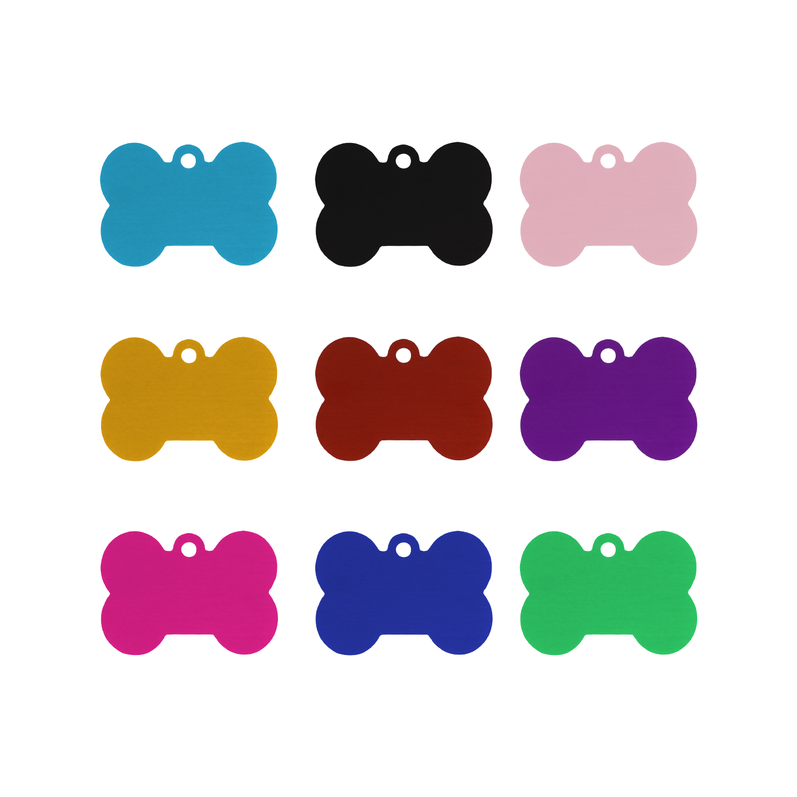 Creality Falcon Large Multicolor Anodized Aluminum Dog Tags: nine bone-shaped tags in blue, black, pink, yellow, red, purple, magenta, dark blue, and green. Displayed in a 3x3 grid on white with holes for collar attachment.