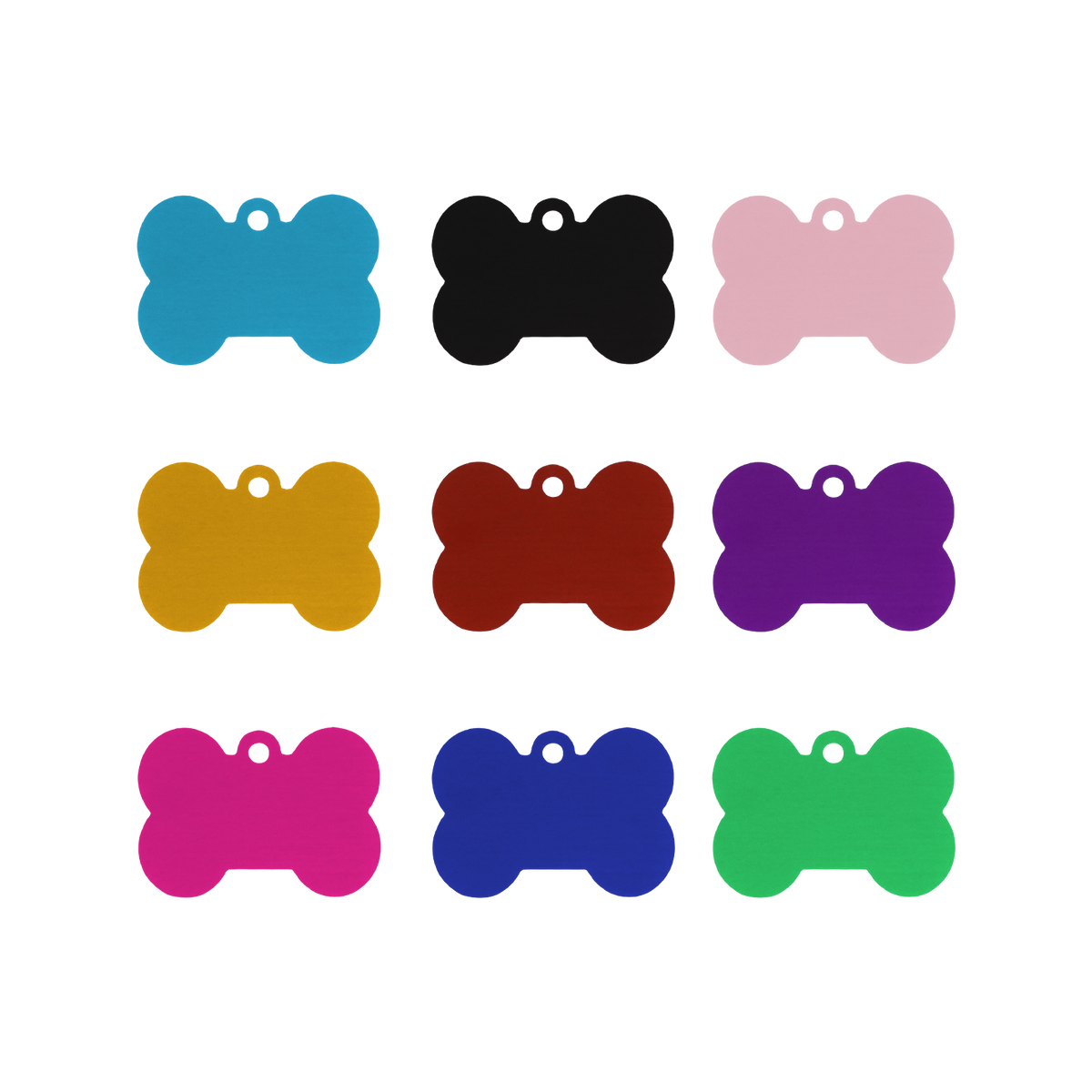 Creality Falcon Large Multicolor Anodized Aluminum Dog Tags: nine bone-shaped tags in blue, black, pink, yellow, red, purple, magenta, dark blue, and green. Displayed in a 3x3 grid on white with holes for collar attachment.