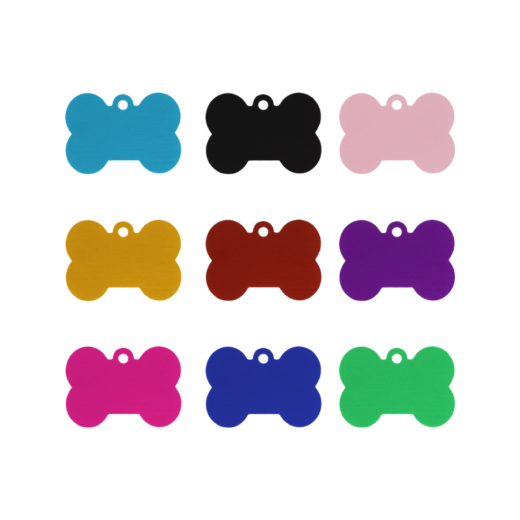 Creality Falcon Large Multicolor Anodized Aluminum Dog Tags: nine bone-shaped tags in blue, black, pink, yellow, red, purple, magenta, dark blue, and green. Displayed in a 3x3 grid on white with holes for collar attachment.