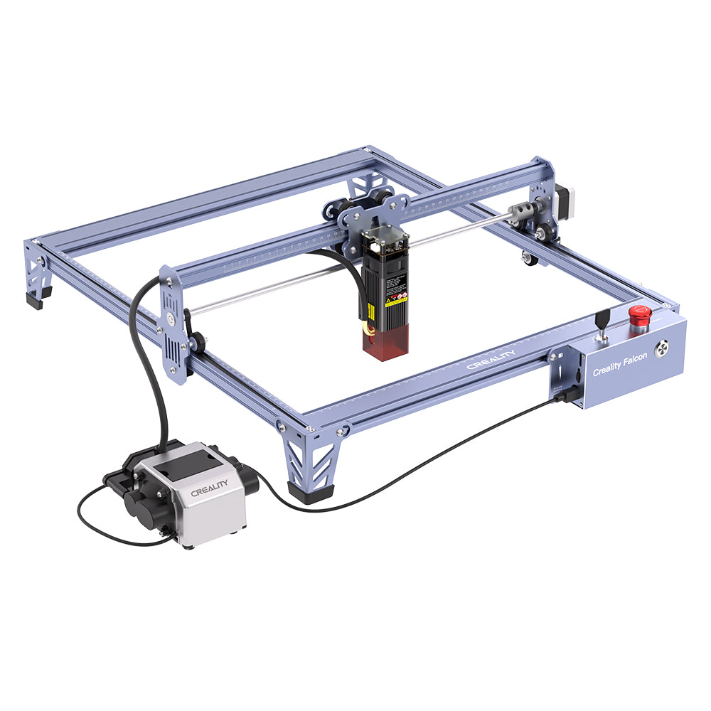 The image shows the CrealityFalcon Falcon Pro 10W Laser Engraver, a laser engraver with a metallic blue frame. It features an adjustable laser head, control module, and a power supply unit connected via cables. The machine is designed for precision cutting and engraving on various materials.