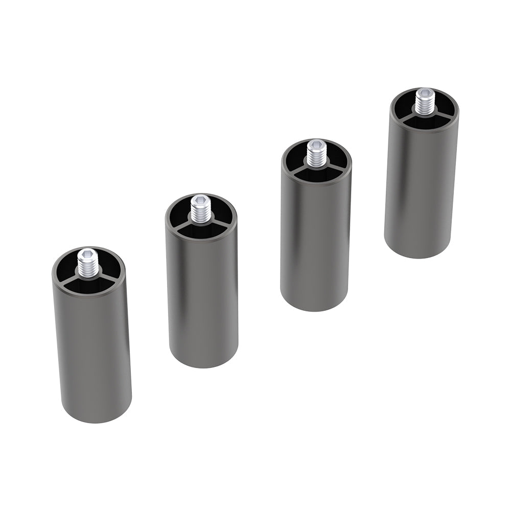 Four cylindrical metal objects with threaded metal bolts on top, appearing to be adjustable furniture or appliance feet, are arranged in a horizontal line against a white background. These versatile accessories are ideal for enhancing stability, particularly when using precision equipment like the Extra Risers -4 Packs for Falcon2 Engraver Series by CrealityFalcon.