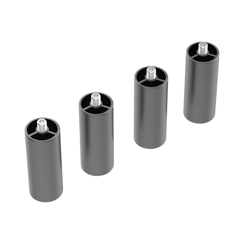 Four cylindrical metal objects with threaded metal bolts on top, appearing to be adjustable furniture or appliance feet, are arranged in a horizontal line against a white background. These versatile accessories are ideal for enhancing stability, particularly when using precision equipment like the Extra Risers -4 Packs for Falcon2 Engraver Series by CrealityFalcon.