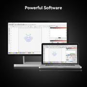A promotional image showcases a desktop computer and a laptop, both displaying the interface of advanced graphic design software. The screen shows an intricate design being edited. At the top, text reads "Powerful Software" against a black background, highlighting compatibility with the Creality Falcon2 Pro 60W Enclosed Laser Cutter and Engraver by CrealityFalcon.