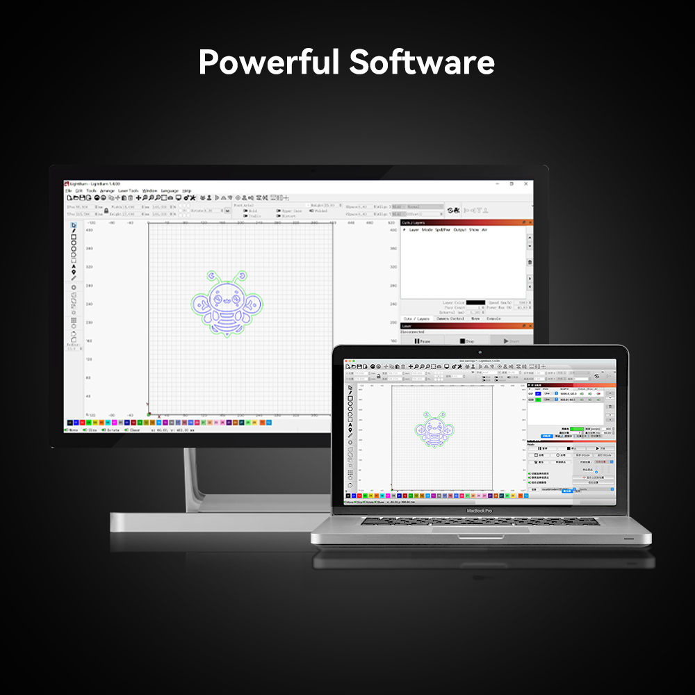A promotional image showcases a desktop computer and a laptop, both displaying the interface of advanced graphic design software. The screen shows an intricate design being edited. At the top, text reads "Powerful Software" against a black background, highlighting compatibility with the Creality Falcon2 Pro 60W Enclosed Laser Cutter and Engraver by CrealityFalcon.