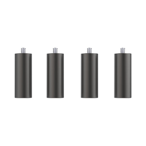 An image of four identical cylindrical metal furniture legs with threaded bolts on top, evenly spaced in a row against a white background. Matte black in color, these versatile legs can be customized with precision using CrealityFalcon Extra Risers - 4 Packs for Falcon2 Engraver Series machines.