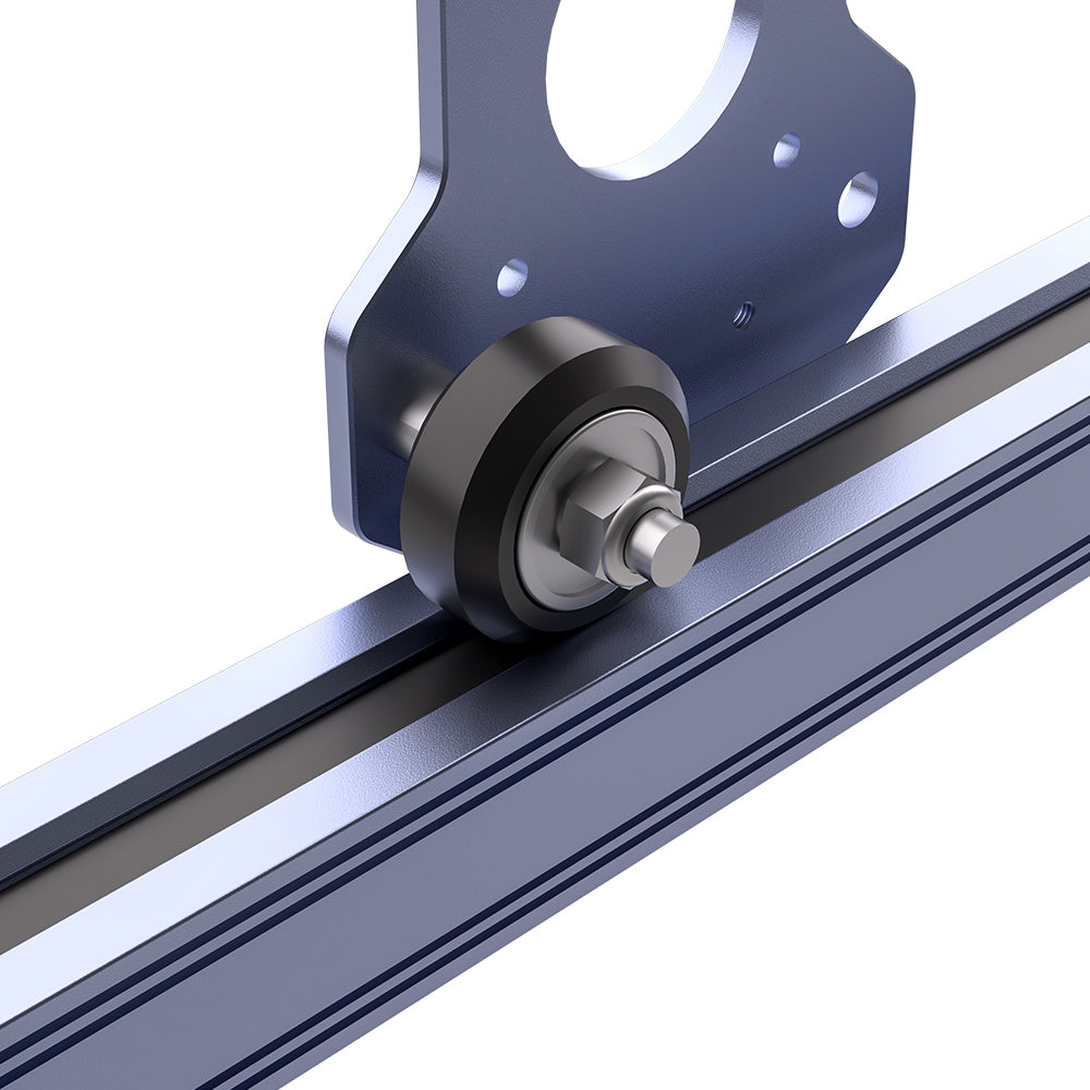 Close-up view of an industrial machine component featuring a metal bracket attached to a black wheel with a bolt in its center. The wheel, part of the CrealityFalcon Falcon Pro 10W Laser Engraver, is mounted on a horizontal metal rail with grooves running along its length. The background is white.