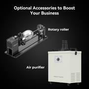 The image shows two optional accessories to boost your business: a rotary roller and an air purifier. The rotary roller is on the left, perfect for use with the CrealityFalcon Creality Falcon2 Pro 60W Enclosed Laser Cutter and Engraver. On the right is a white air purifier with a control knob and black ventilation pipe.