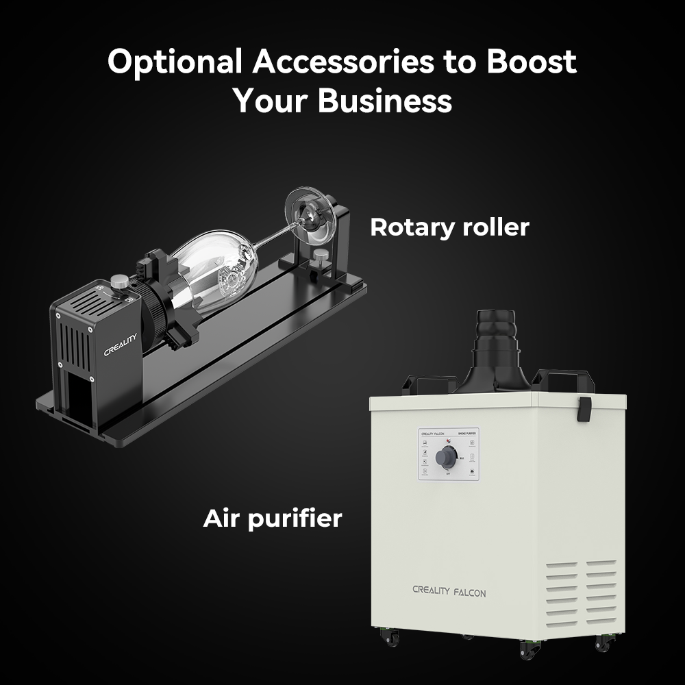 The image shows two optional accessories to boost your business: a rotary roller and an air purifier. The rotary roller is on the left, perfect for use with the CrealityFalcon Creality Falcon2 Pro 60W Enclosed Laser Cutter and Engraver. On the right is a white air purifier with a control knob and black ventilation pipe.
