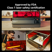A promotional image for the Creality Falcon2 Pro 60W Enclosed Laser Cutter and Engraver. The top section showcases the printer with a red cover and text: "Approved by FDA Class 1 laser safety certification." The bottom section features close-ups of the printer with text: "Laser Filtering" and "Lid-open safety stop.