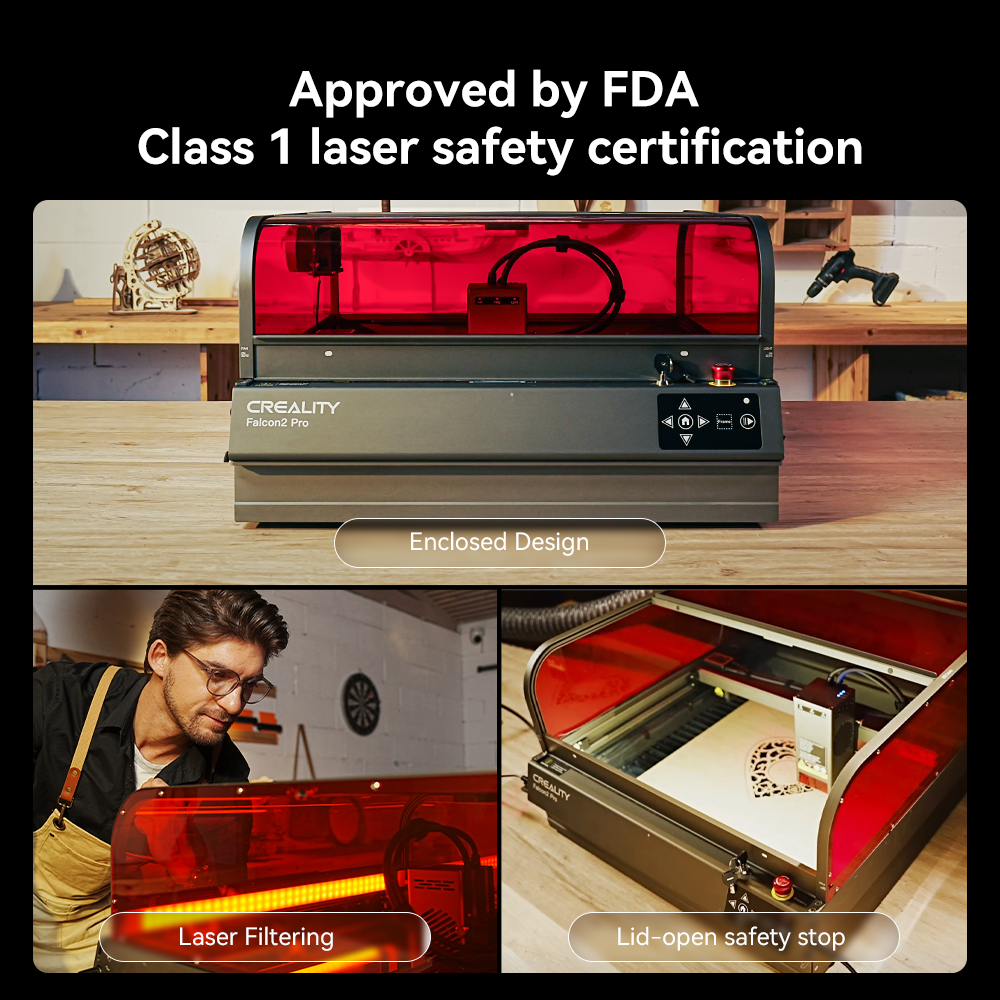 A promotional image for the Creality Falcon2 Pro 60W Enclosed Laser Cutter and Engraver. The top section showcases the printer with a red cover and text: "Approved by FDA Class 1 laser safety certification." The bottom section features close-ups of the printer with text: "Laser Filtering" and "Lid-open safety stop.
