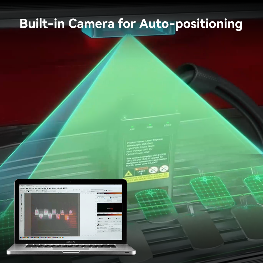 The image displays a demonstration of a built-in camera for auto-positioning. A laptop is shown with a software interface, while the CrealityFalcon Creality Falcon2 Pro 60W Enclosed Laser Cutter and Engraver projects a green laser grid onto a surface, aligning objects for precise placement.