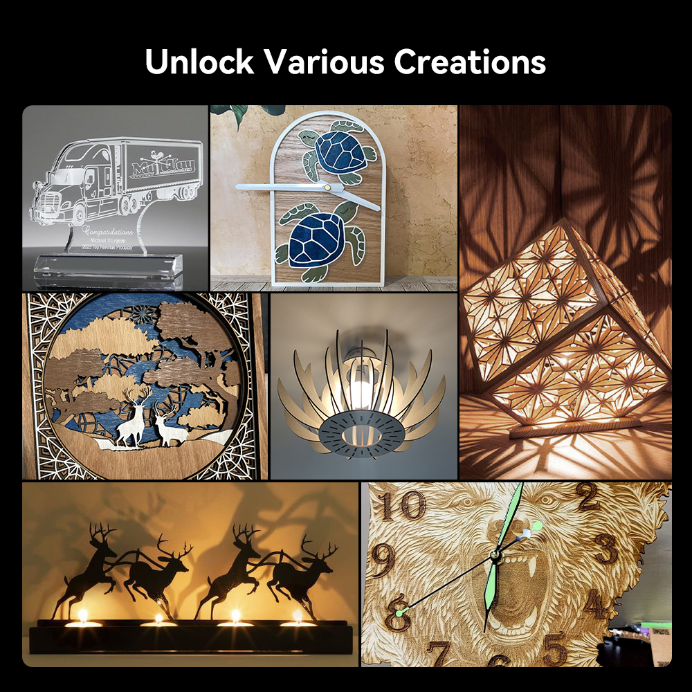 A collage of various creative wooden and acrylic works, including a detailed truck model, a shelf with turtle designs, intricate geometric light fixtures, a world map, a decorative clock, and a silhouette of deer—all showcasing the precision of the Creality Falcon2 Pro 60W Enclosed Laser Cutter and Engraver by CrealityFalcon. Text at the top reads, "Unlock Various Creations.