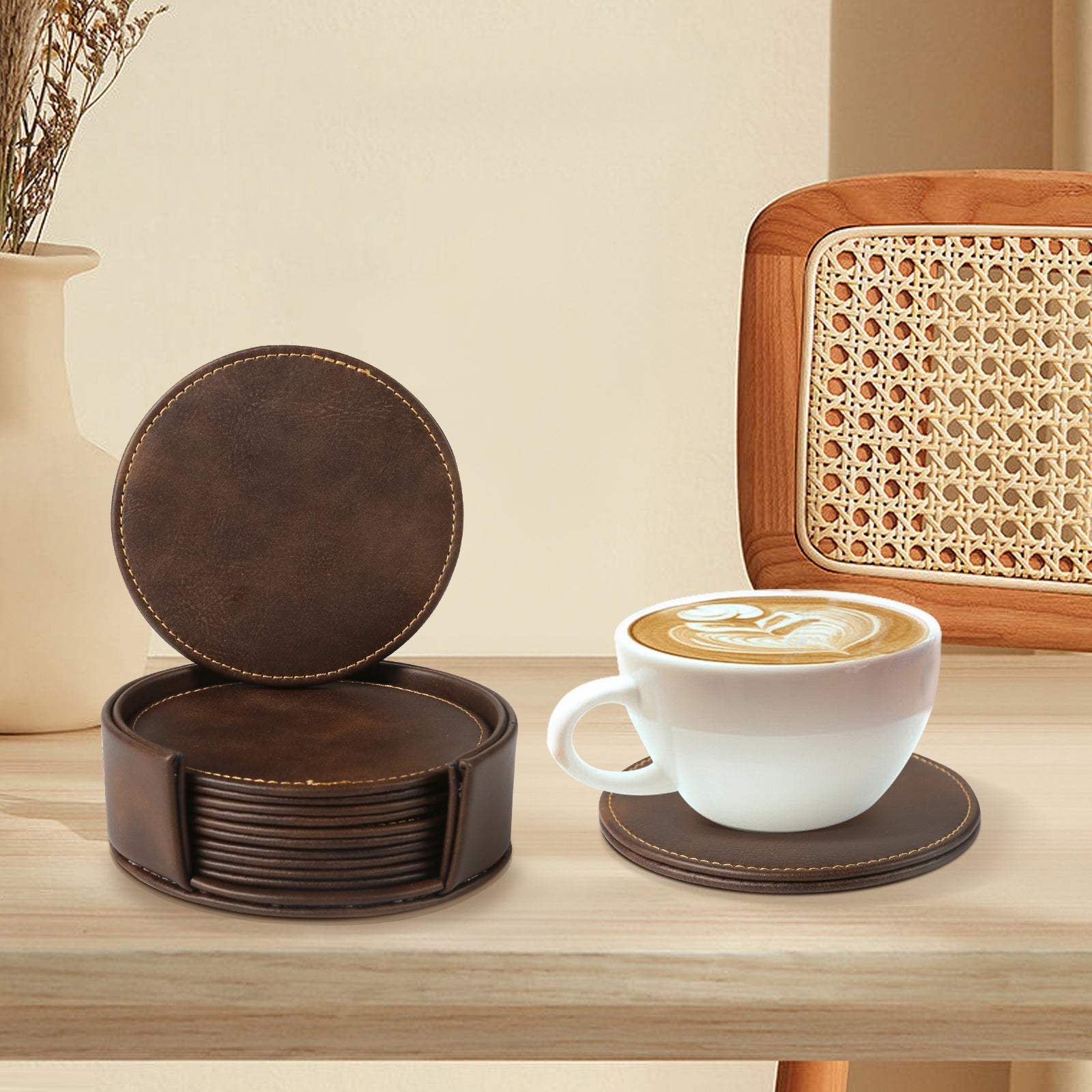 Personalized Brown Leather Coasters and Holder 4