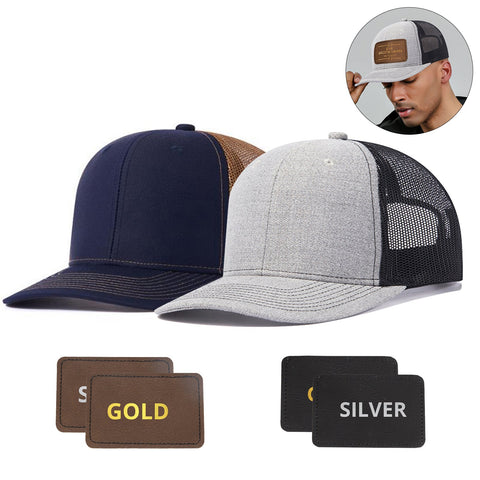 2 pcs Adjustable Mesh Trucker Hat with 4pcs Cap Stickers + 3pcs Wood Sheets for Engraving