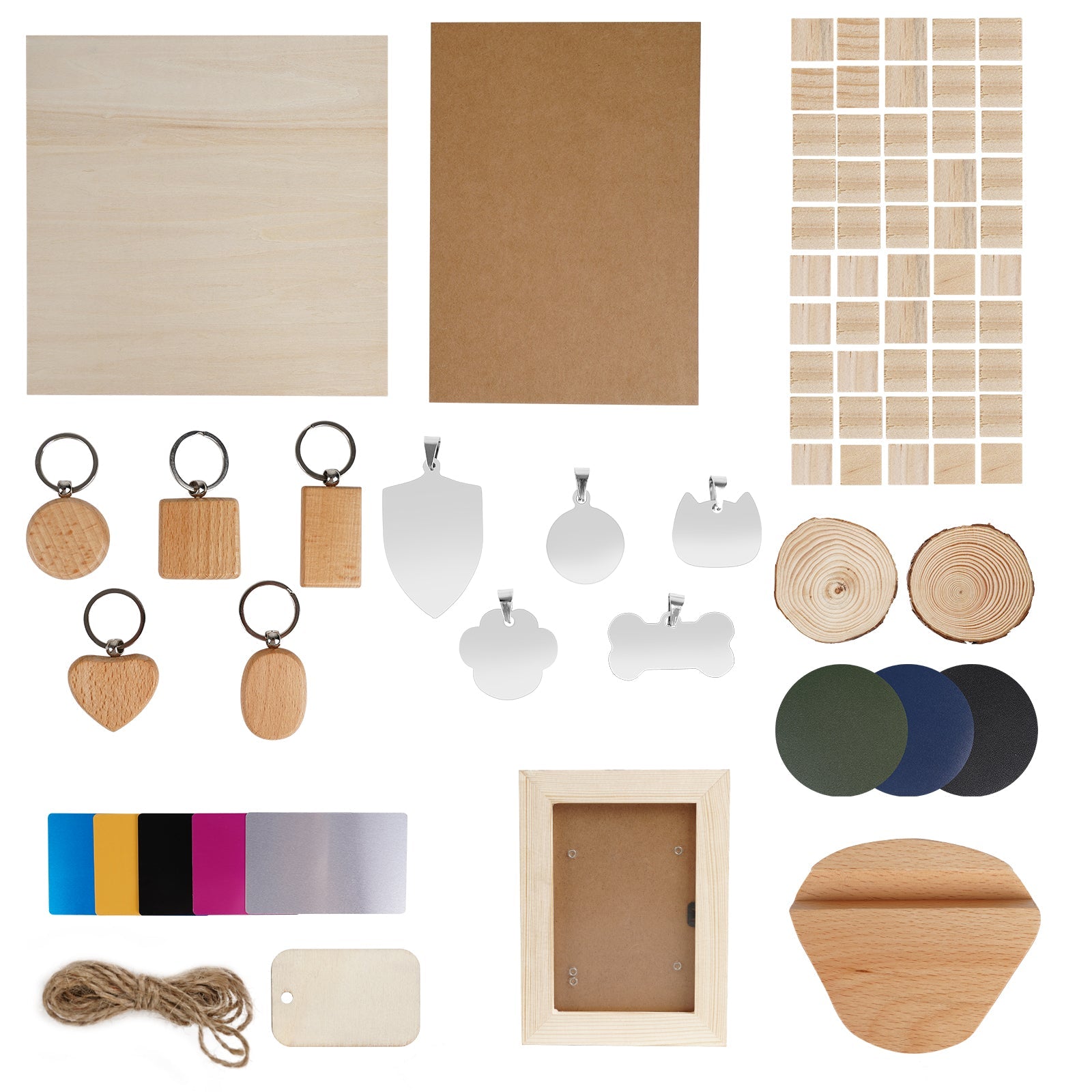 Laser Material Kit: 11 Types Stainless Steel and Pine Wood for CNC Laser Engraving and Cutting