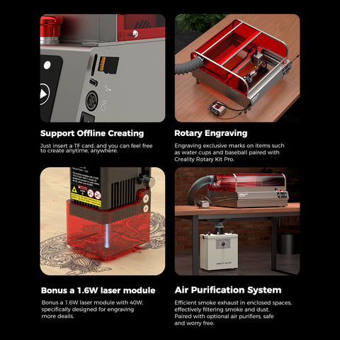 A product image showcasing features of the versatile CrealityFalcon Falcon2 Pro 40W Enclosed Laser Engraver and Cutter Master Engraving Bundle: Support Offline Creating with TF card, Rotary Engraving for curved objects, a Bonus 1.6W laser module, and an Air Purification System for safer, cleaner use. FDA Class 1 certified. Images of the machine in action accompany each feature.