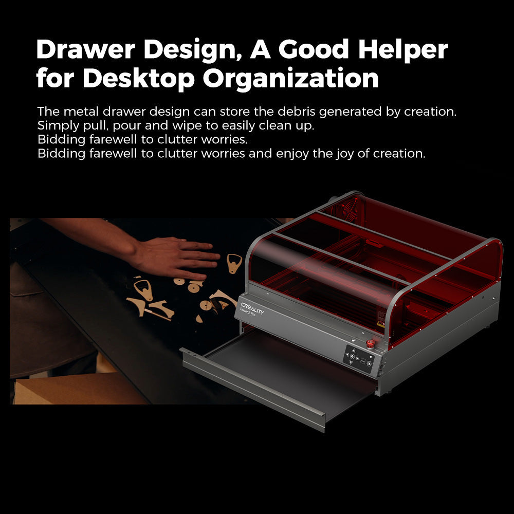 Image of a metal drawer featuring tools across a desktop with the Falcon2 Pro 40W Enclosed Laser Engraver and Cutter Master Engraving Bundle by CrealityFalcon. The text highlights the benefits of the drawer for desktop organization and for creating a clutter-free workspace, emphasizing its versatile design and ease of use for cleaning up debris generated by projects.