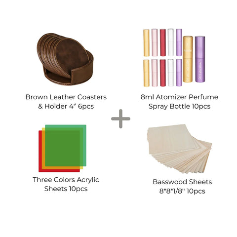 Complete Crafting Bundle: Leather Coasters, Perfume Spray Bottles, Acrylic & Basswood Sheets