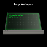 An image of a large workspace area is displayed on a black background. The workspace measures 15.75 by 16.34 inches or 400 by 415 millimeters, as indicated by text overlaid in green. The words "Large Workspace" are written above, hinting at the robust capabilities of the CrealityFalcon Creality Falcon2 Pro 60W Enclosed Laser Cutter and Engraver.