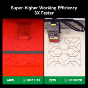 Comparison of two laser cutting machines working on intricate patterns. The left, a Creality Falcon2 Pro 60W Enclosed Laser Cutter and Engraver, completes the task in 10 minutes 10 seconds with a red-tinted design. The right, a laser engraver at 22W, takes 30 minutes 20 seconds and shows a clearer view, highlighting the faster efficiency of the Creality Falcon2 Pro 60W Enclosed Laser Cutter and Engraver.