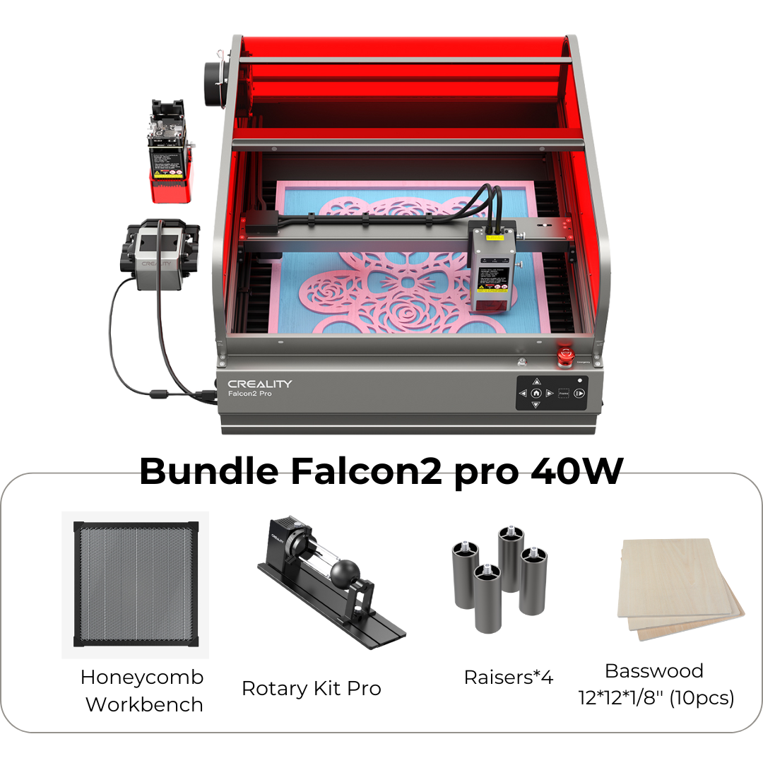 Image showing a CrealityFalcon Falcon2 Pro 40W Enclosed Laser Engraver and Cutter Master Engraving Bundle with accessories. The machine, notable for its versatile design, has a red-bordered top and a laser head. Beneath it, there is a Honeycomb Workbench, a Rotary Kit Pro, four Raisers, and ten pieces of 12"x12"x1/8" Basswood.